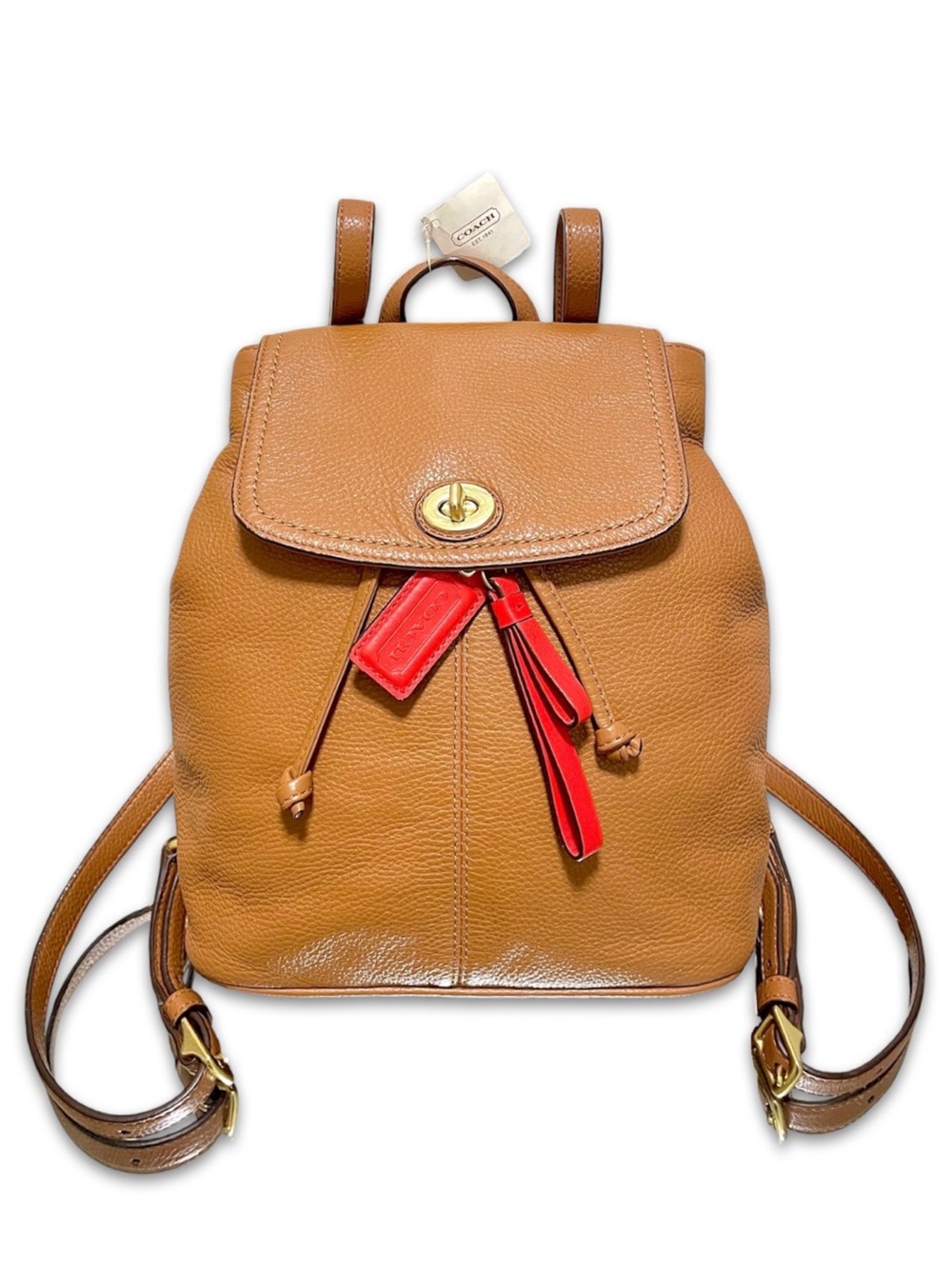 Coach Park Cognac British Tan Pebbled Leather Drawstring Backpack Bag F24385 NWT